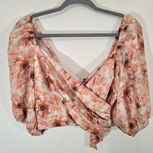 *NWT* Express Floral Wrap Crop Top Puffy Sleeves Back Tie Attached, size 4
